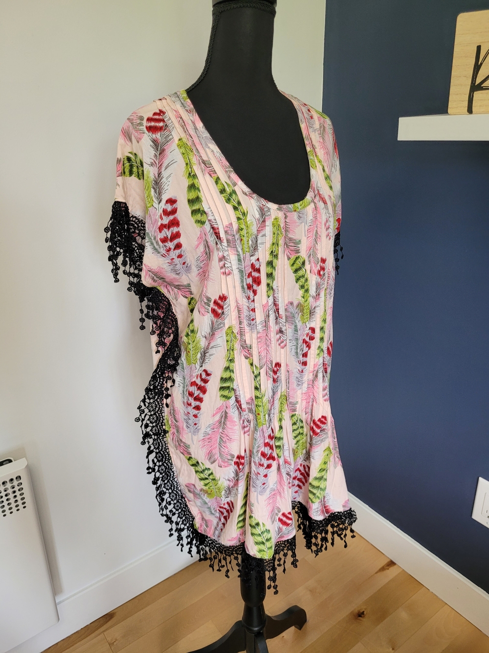 Boho Tassel Trim Tropical Print Swim Coverup Kaftan – M/L